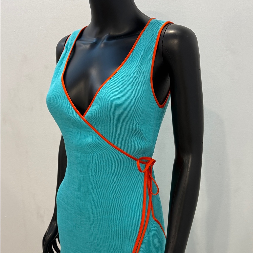 DIANE VON FURSTENBERG Turquoise Wrap Dress Orange Trim trending Luxury DVF 2 NEW - Picture 2 of 11